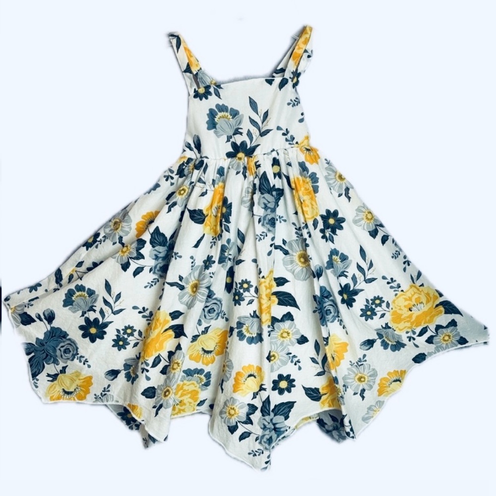 Joie Kids Floral Dress in Yellow Slate Blue with Handkerchief Shark-bite Hem